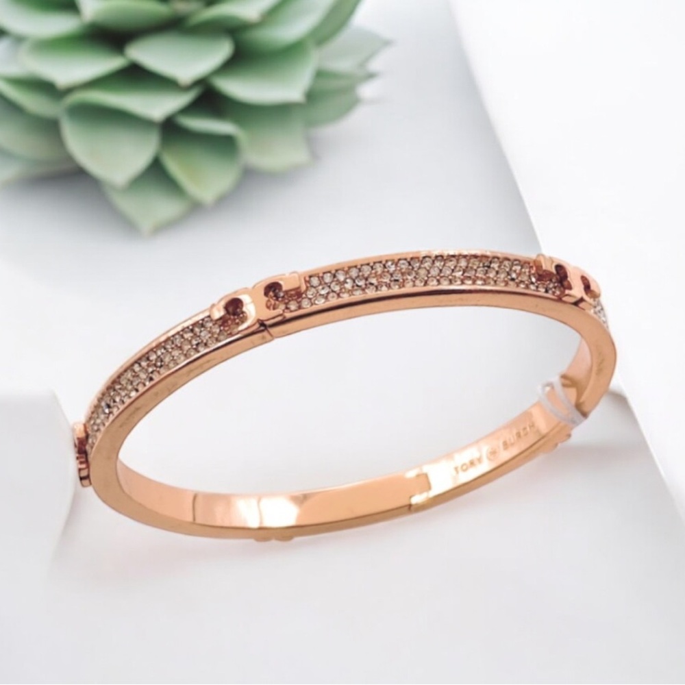 Tory Burch Serif-T pavé hinged bracelet in Rose Gold